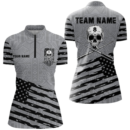 Personalized Grey US Flag Skull Billiard Shirts For Women Custom Patriotic Billiard Pool Jerseys TDM2220