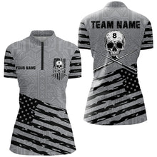 Load image into Gallery viewer, Personalized Grey US Flag Skull Billiard Shirts For Women Custom Patriotic Billiard Pool Jerseys TDM2220