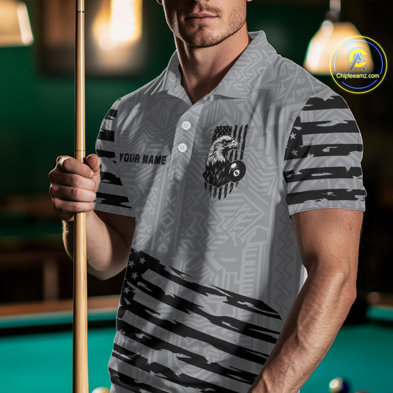 Personalized Grey US Flag Eagle Billiard Shirts For Men Custom Patriotic Billiard Pool Jerseys TDM2221