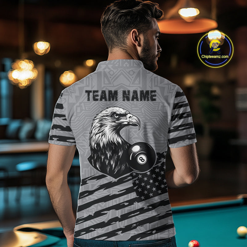 Personalized Grey US Flag Eagle Billiard Shirts For Men Custom Patriotic Billiard Pool Jerseys TDM2221