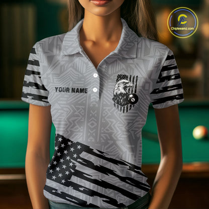 Personalized Grey US Flag Eagle Billiard Shirts For Women Custom Patriotic Billiard Pool Jerseys TDM2221