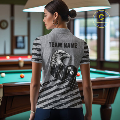 Personalized Grey US Flag Eagle Billiard Shirts For Women Custom Patriotic Billiard Pool Jerseys TDM2221