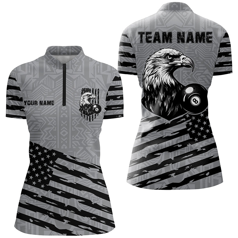 Personalized Grey US Flag Eagle Billiard Shirts For Women Custom Patriotic Billiard Pool Jerseys TDM2221