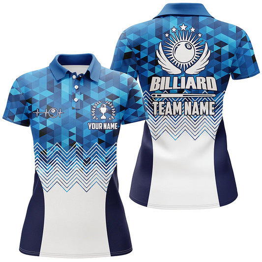 Personalized 3D White Blue Billiard Polo Shirts For Women, Best Billiard Player Gifts TDM0107