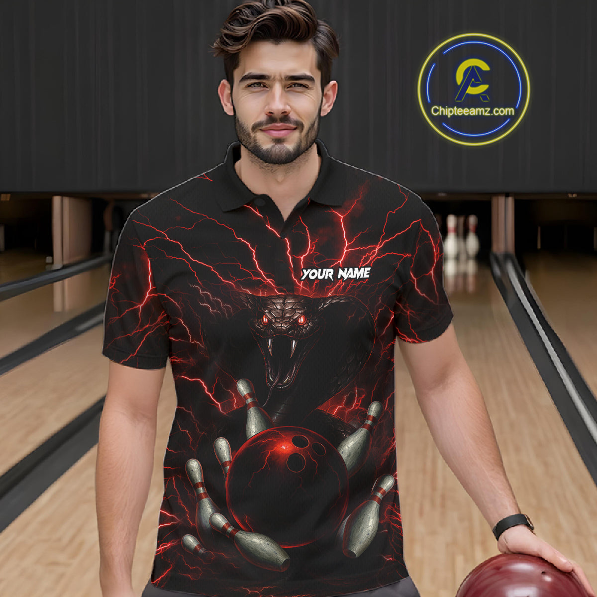 Personalized Red Lightning Thunder Cobra Snake Bowling Shirt For Men Custom Bowling Team Jersey TDM7497