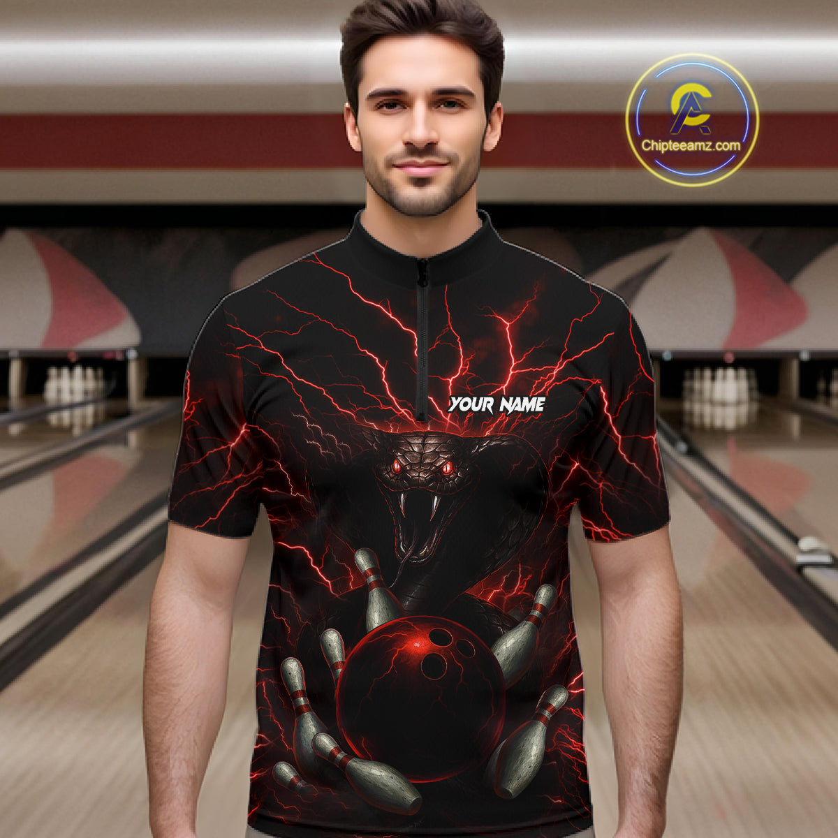 Personalized Red Lightning Thunder Cobra Snake Bowling Shirt For Men Custom Bowling Team Jersey TDM7497
