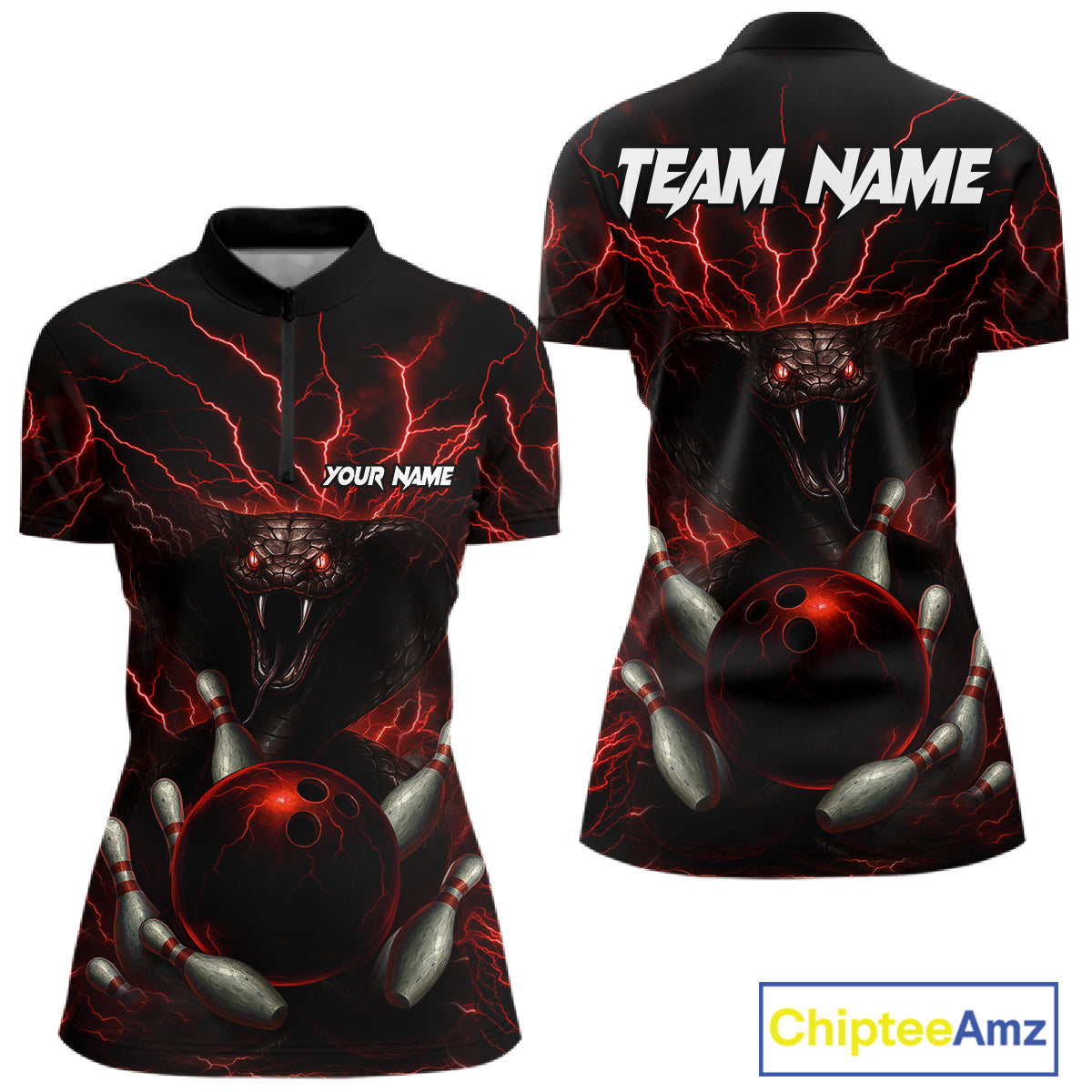 Personalized Red Lightning Thunder Cobra Snake Bowling Shirt For Women Custom Bowling Team Jersey TDM7497
