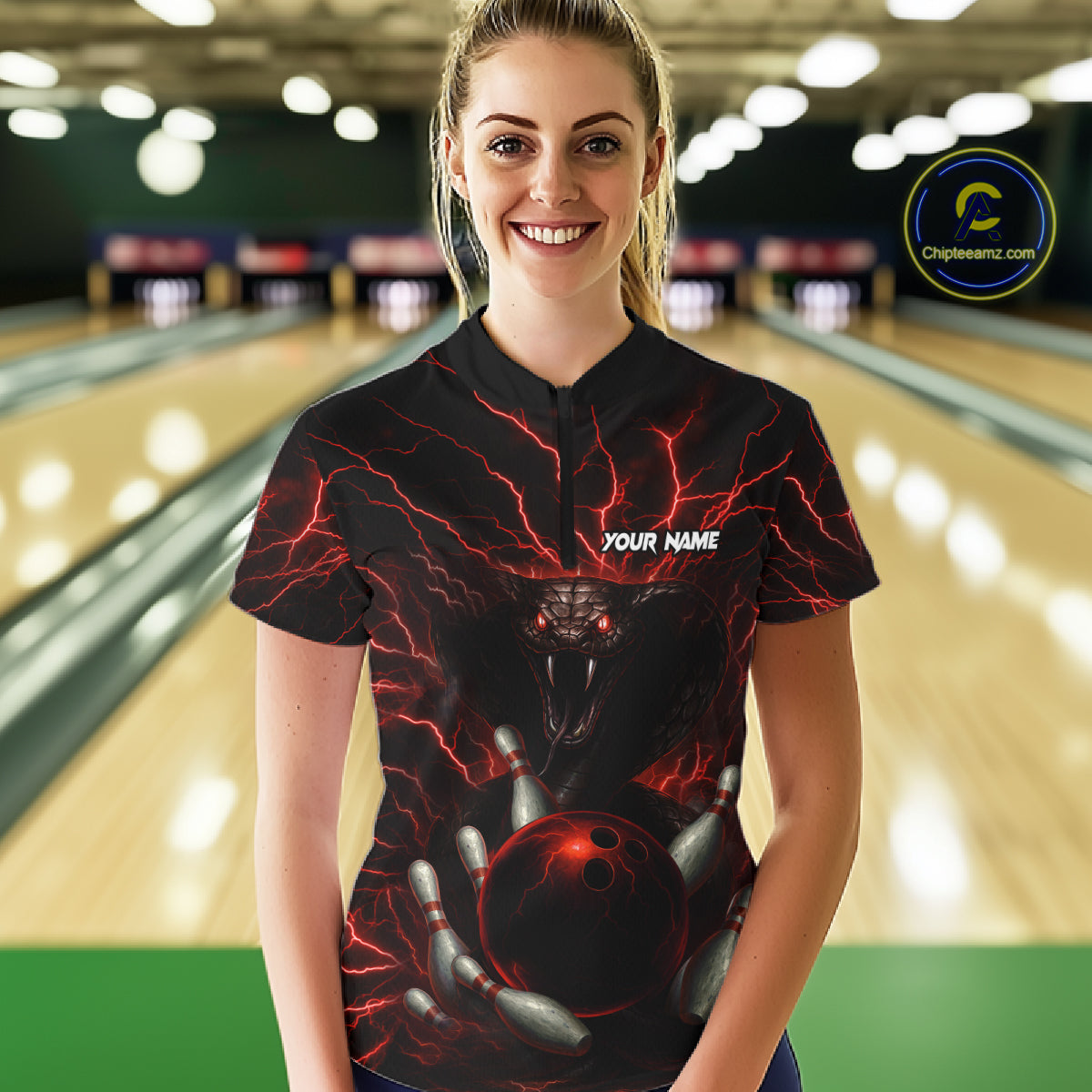 Personalized Red Lightning Thunder Cobra Snake Bowling Shirt For Women Custom Bowling Team Jersey TDM7497