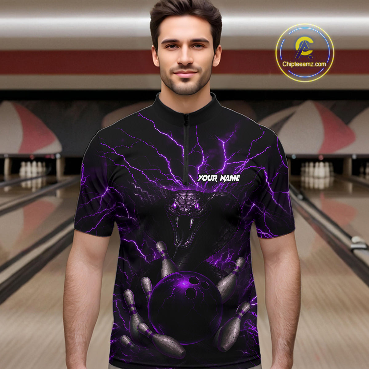 Personalized Purple Lightning Thunder Cobra Snake Bowling Shirt For Men Custom Bowling Team Jersey TDM7499