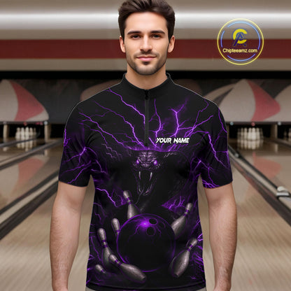 Personalized Purple Lightning Thunder Cobra Snake Bowling Shirt For Men Custom Bowling Team Jersey TDM7499