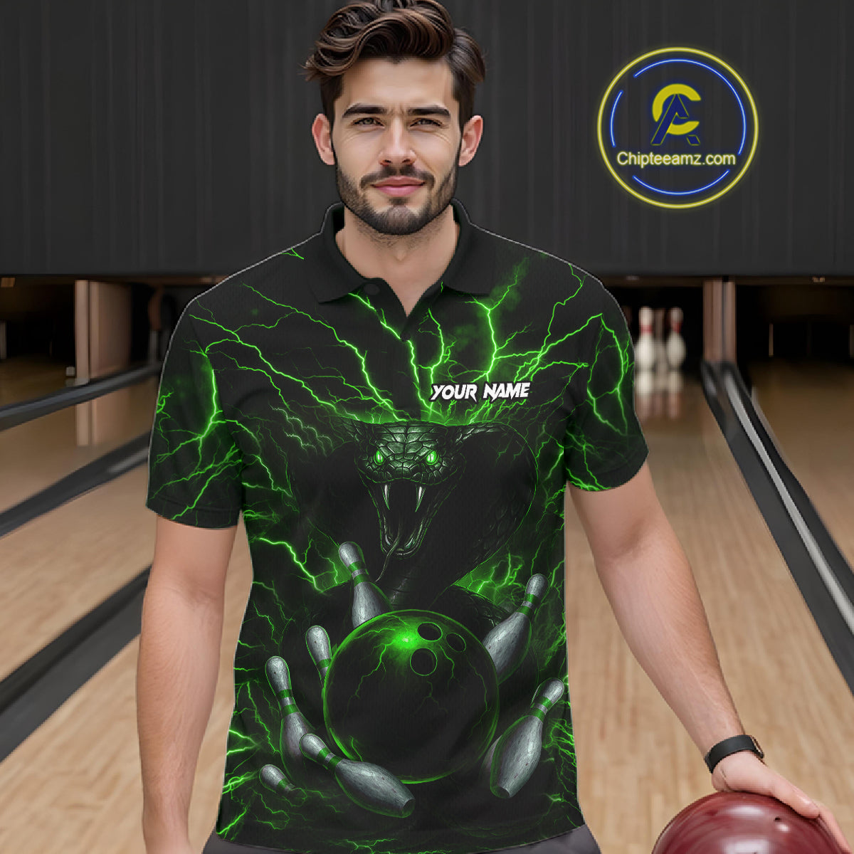 Personalized Green Lightning Thunder Cobra Snake Bowling Shirt For Men Custom Bowling Team Jersey TDM7498