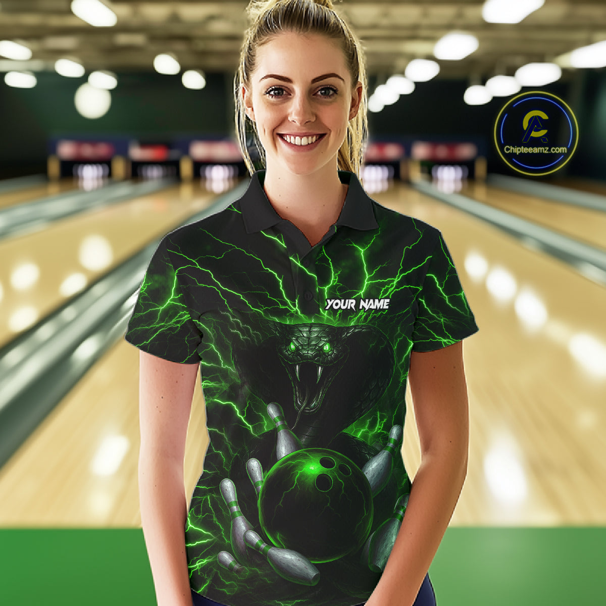 Personalized Green Lightning Thunder Cobra Snake Bowling Shirt For Women Custom Bowling Team Jersey TDM7498