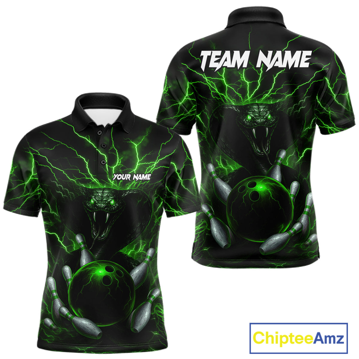 Personalized Green Lightning Thunder Cobra Snake Bowling Shirt For Men Custom Bowling Team Jersey TDM7498