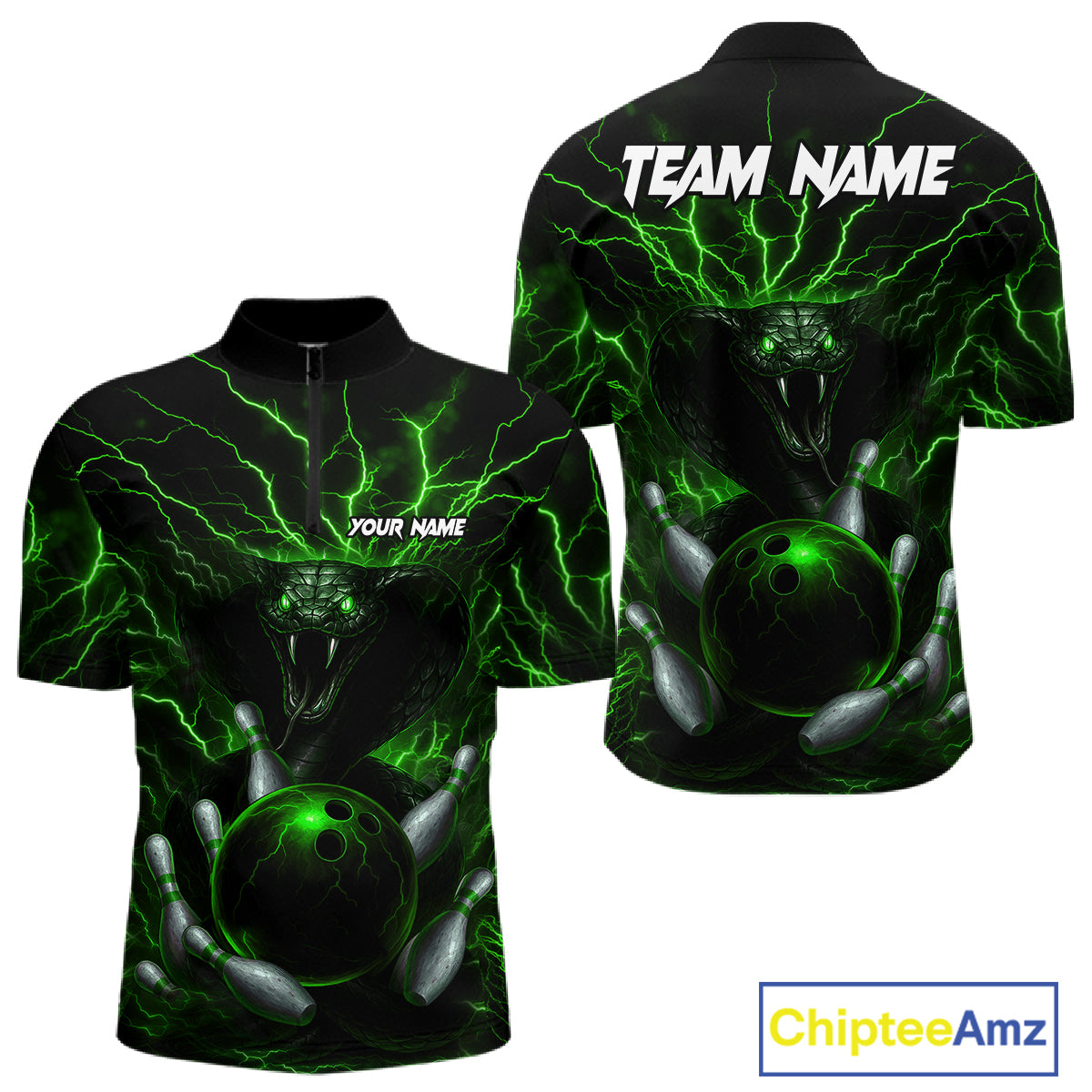 Personalized Green Lightning Thunder Cobra Snake Bowling Shirt For Men Custom Bowling Team Jersey TDM7498