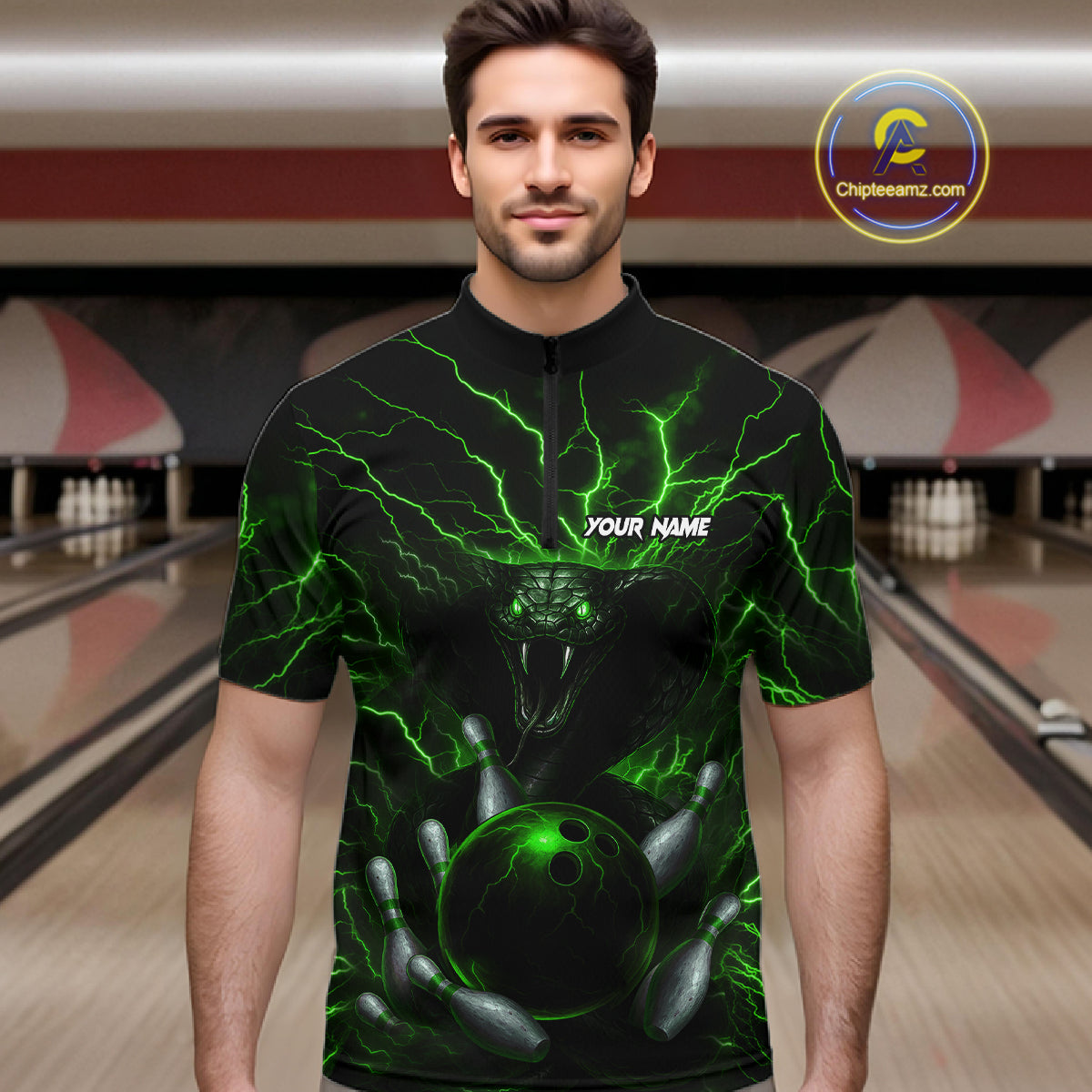 Personalized Green Lightning Thunder Cobra Snake Bowling Shirt For Men Custom Bowling Team Jersey TDM7498