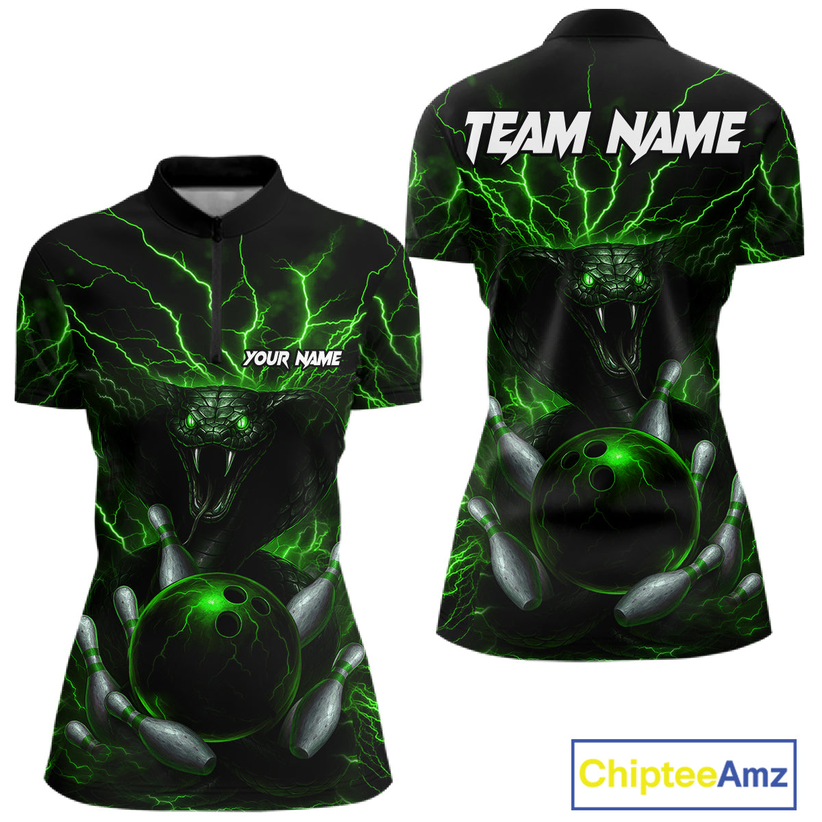 Personalized Green Lightning Thunder Cobra Snake Bowling Shirt For Women Custom Bowling Team Jersey TDM7498