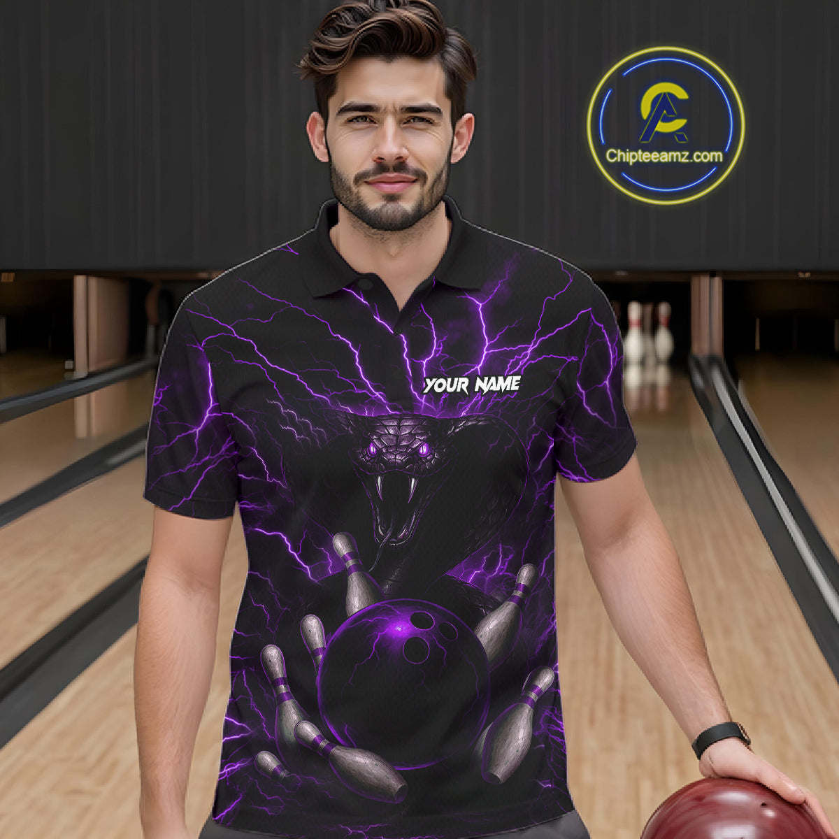 Personalized Purple Lightning Thunder Cobra Snake Bowling Shirt For Men Custom Bowling Team Jersey TDM7499