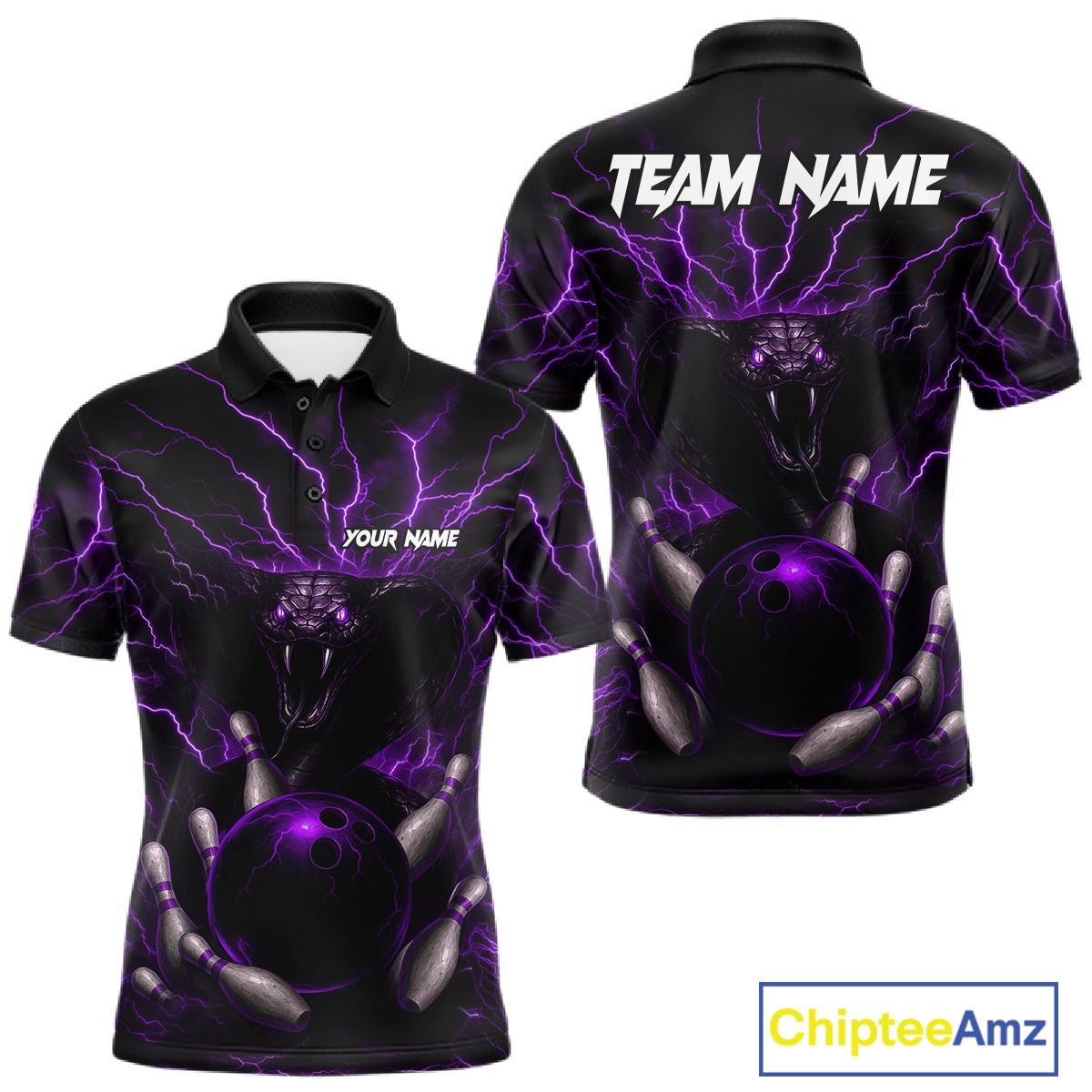 Personalized Purple Lightning Thunder Cobra Snake Bowling Shirt For Men Custom Bowling Team Jersey TDM7499