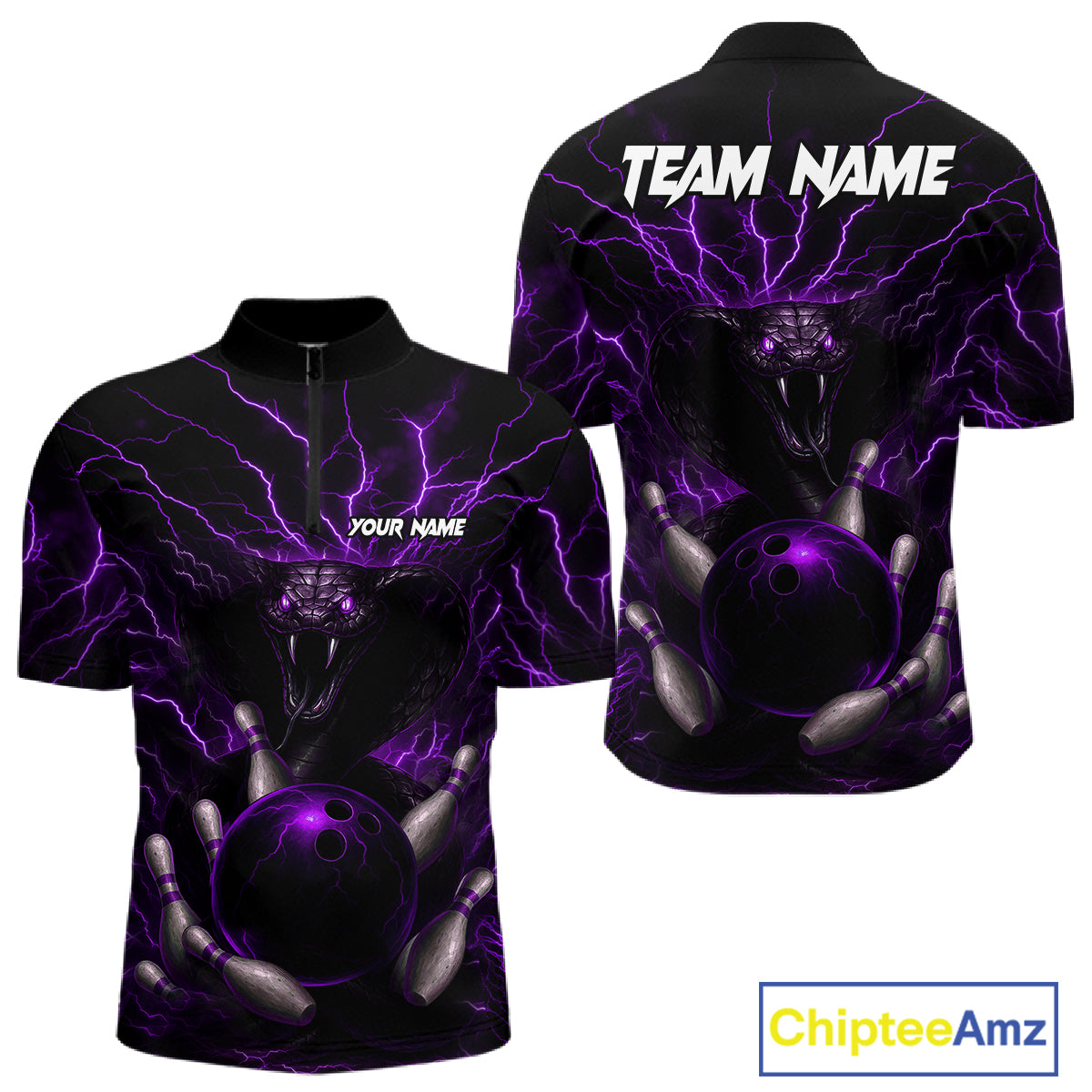 Personalized Purple Lightning Thunder Cobra Snake Bowling Shirt For Men Custom Bowling Team Jersey TDM7499