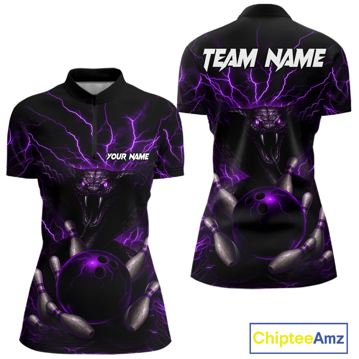 Personalized Purple Lightning Thunder Cobra Snake Bowling Shirt For Women Custom Bowling Team Jersey TDM7499