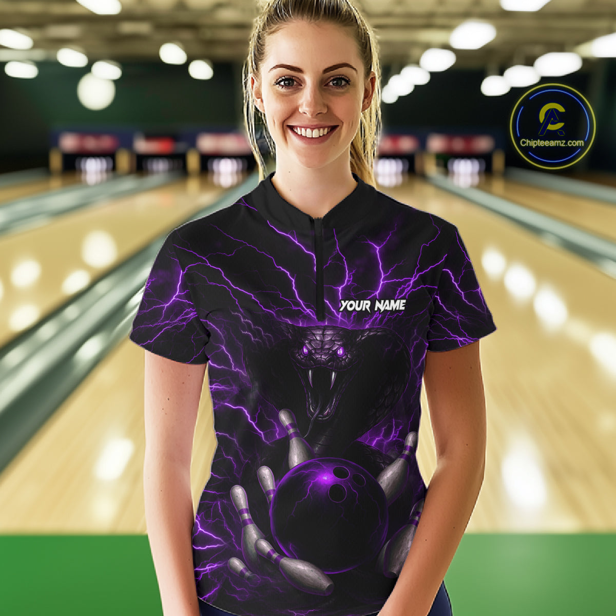 Personalized Purple Lightning Thunder Cobra Snake Bowling Shirt For Women Custom Bowling Team Jersey TDM7499