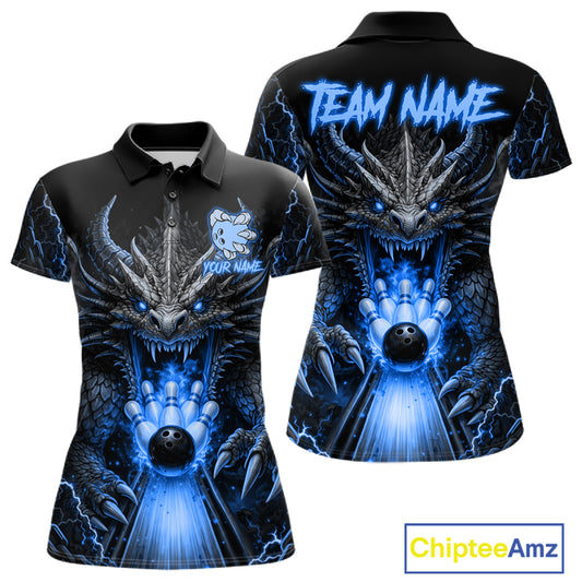 Personalized Dragon Bowling Jersey For Women Custom Blue Flame Bowling Team Shirt Polo & 1/4 Zip TDM7868