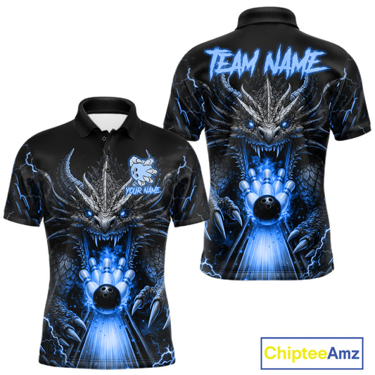 Personalized Dragon Bowling Jersey For Men Custom Blue Flame Bowling Team Shirt Polo & 1/4 Zip TDM7868
