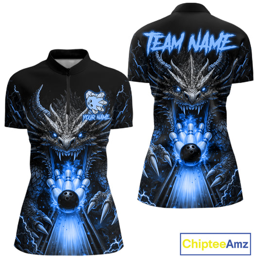 Personalized Dragon Bowling Jersey For Women Custom Blue Flame Bowling Team Shirt Polo & 1/4 Zip TDM7868