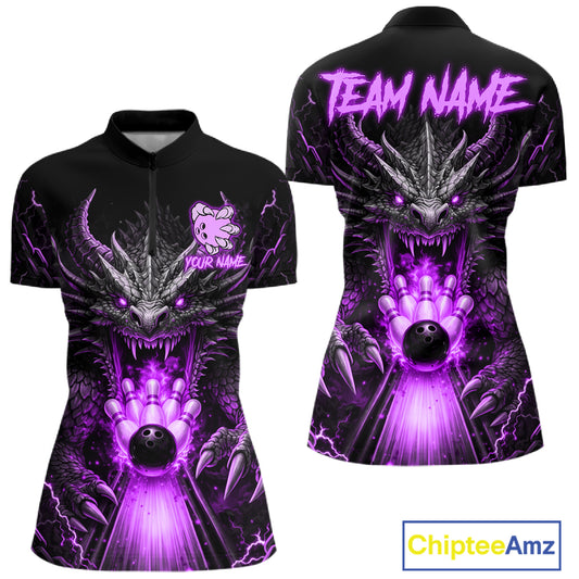 Personalized Dragon Bowling Jersey For Women Custom Purple Flame Bowling Team Shirt Polo & 1/4 Zip TDM7869