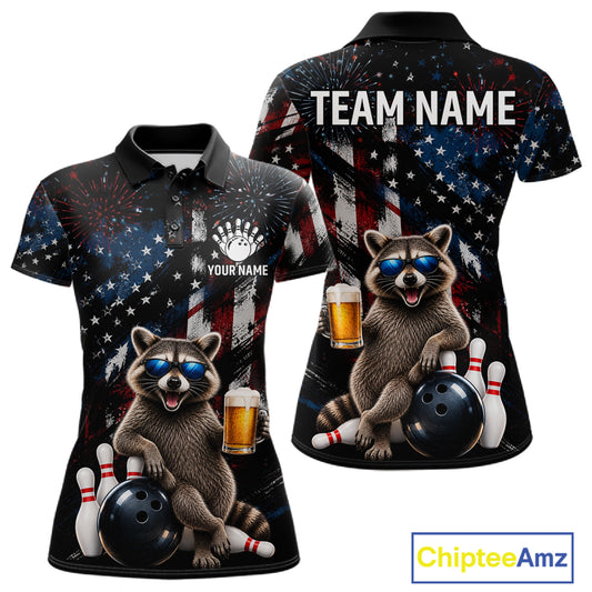 Funny Raccoon Grunge American Flag Bowling Shirt For Women Custom Bowling Jersey Team Polo & 1/4 Zip TDM7870