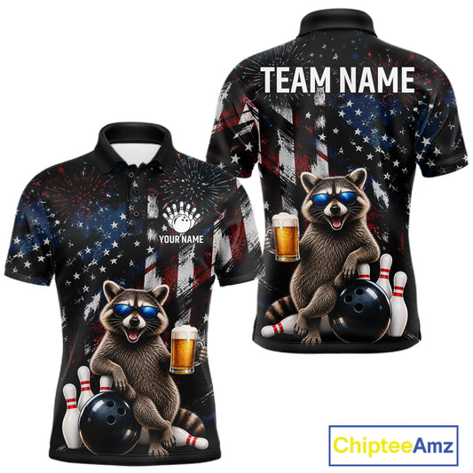 Funny Raccoon Grunge American Flag Bowling Shirt For Men Custom Bowling Jersey Team Polo & 1/4 Zip TDM7870