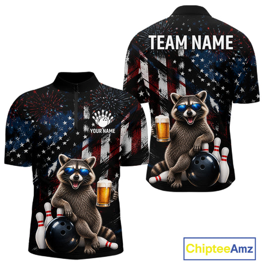 Funny Raccoon Grunge American Flag Bowling Shirt For Men Custom Bowling Jersey Team Polo & 1/4 Zip TDM7870