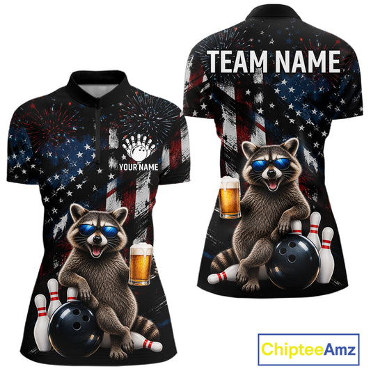 Funny Raccoon Grunge American Flag Bowling Shirt For Women Custom Bowling Jersey Team Polo & 1/4 Zip TDM7870