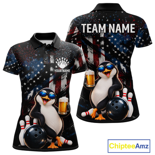 Funny Penguin Grunge American Flag Bowling Shirt For Women Custom Bowling Jersey Team Polo & 1/4 Zip TDM7871