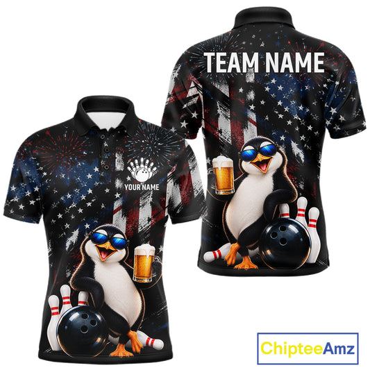 Funny Penguin Grunge American Flag Bowling Shirt For Men Custom Bowling Jersey Team Polo & 1/4 Zip TDM7871