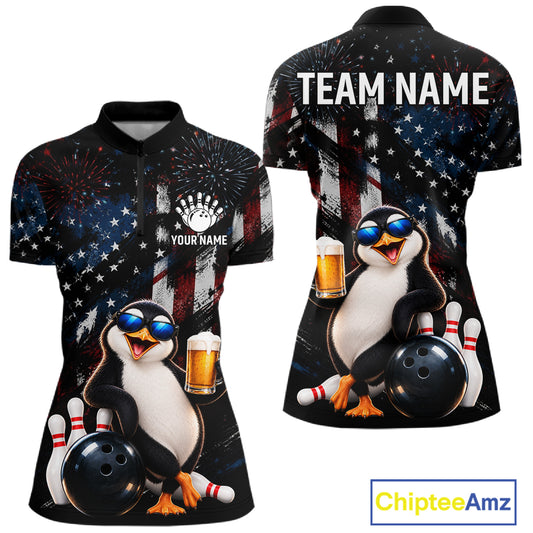 Funny Penguin Grunge American Flag Bowling Shirt For Women Custom Bowling Jersey Team Polo & 1/4 Zip TDM7871