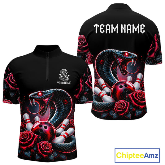 Personalized Cobra Snake And Roses Bowling Shirt For Men, Bowling League Team Jersey Polo, 1/4 Zip TDM7873