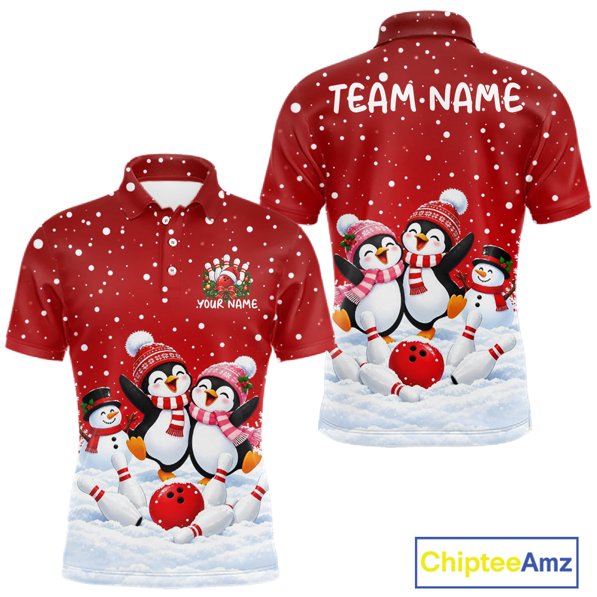 Red Funny Penguins Christmas Bowling Shirts For Men Custom Bowling Team Jersey, Bowling Gifts TDM7875