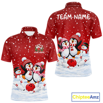 Red Funny Penguins Christmas Bowling Shirts For Men Custom Bowling Team Jersey, Bowling Gifts TDM7875
