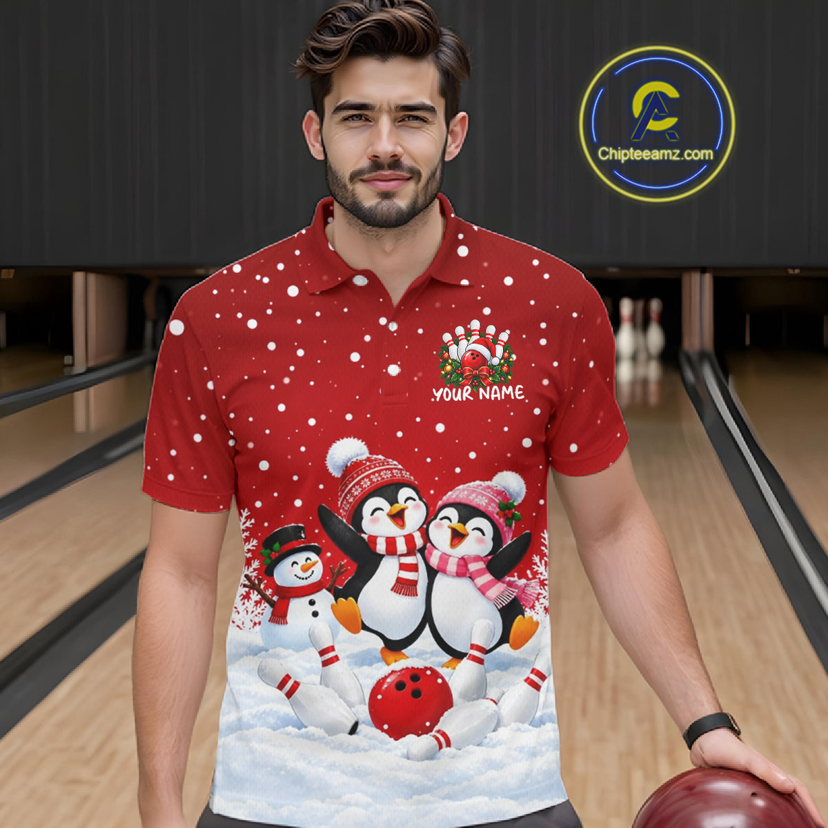 Red Funny Penguins Christmas Bowling Shirts For Men Custom Bowling Team Jersey, Bowling Gifts TDM7875
