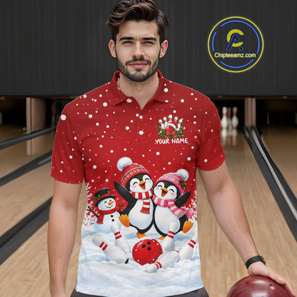 Red Funny Penguins Christmas Bowling Shirts For Men Custom Bowling Team Jersey, Bowling Gifts TDM7875