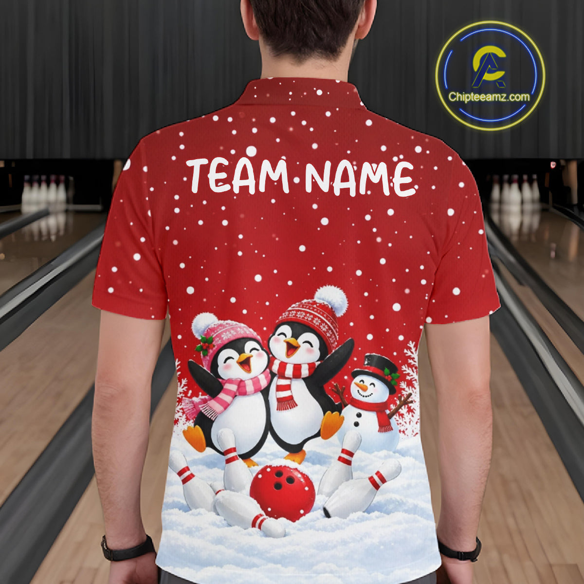 Red Funny Penguins Christmas Bowling Shirts For Men Custom Bowling Team Jersey, Bowling Gifts TDM7875