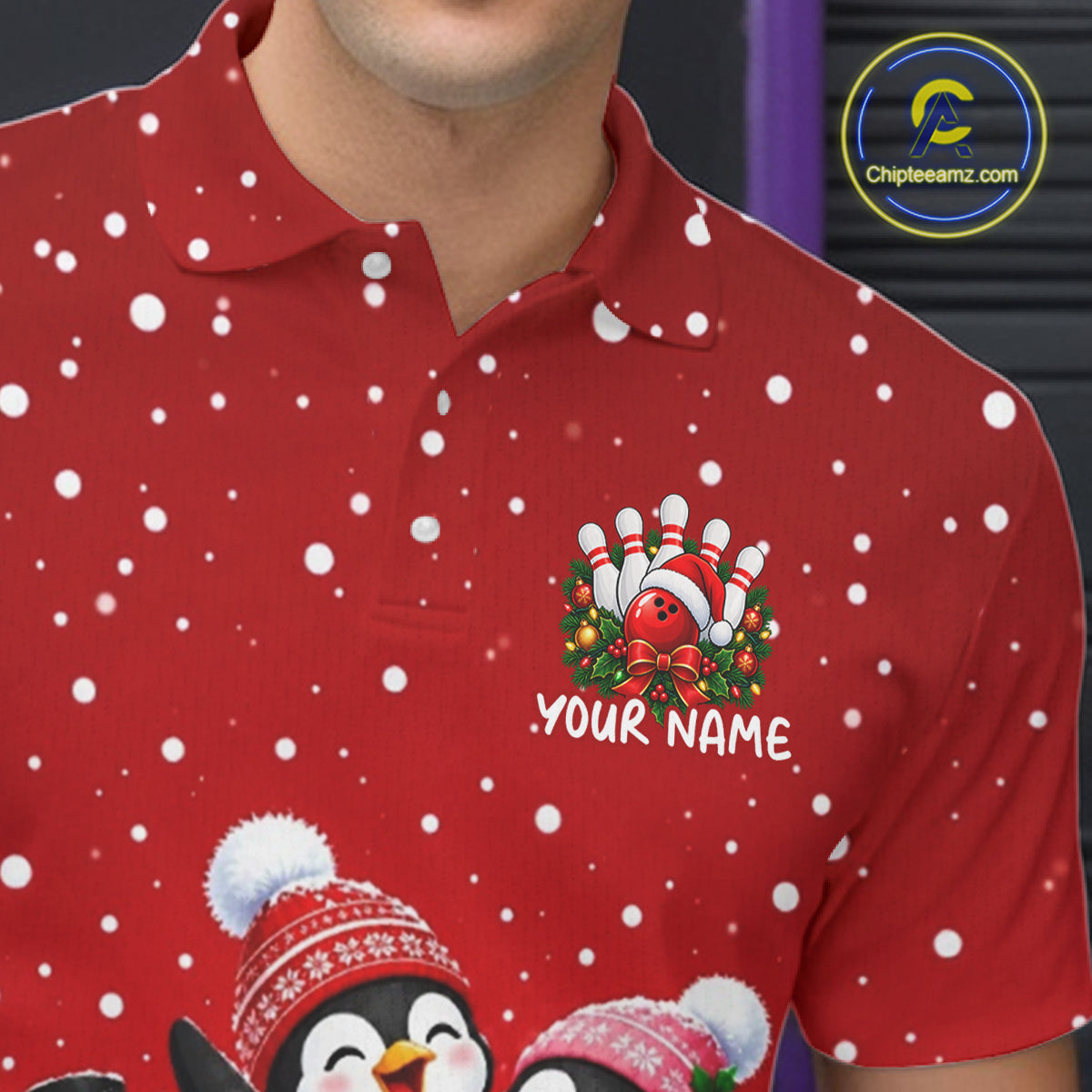 Red Funny Penguins Christmas Bowling Shirts For Men Custom Bowling Team Jersey, Bowling Gifts TDM7875