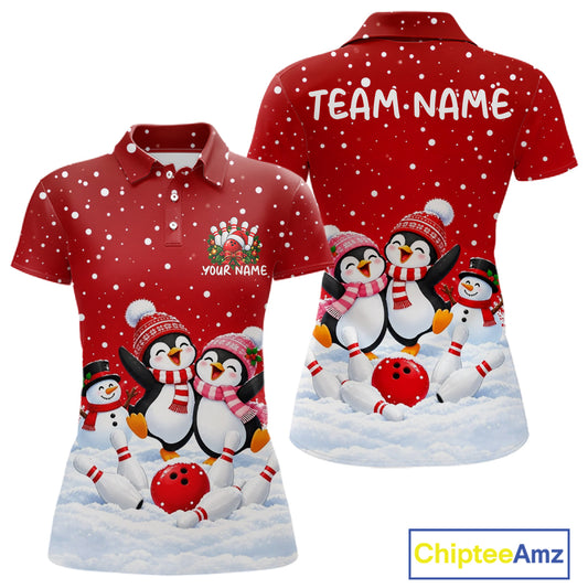 Red Funny Penguins Christmas Bowling Shirts For Women Custom Bowling Team Jersey, Bowling Gifts TDM7875