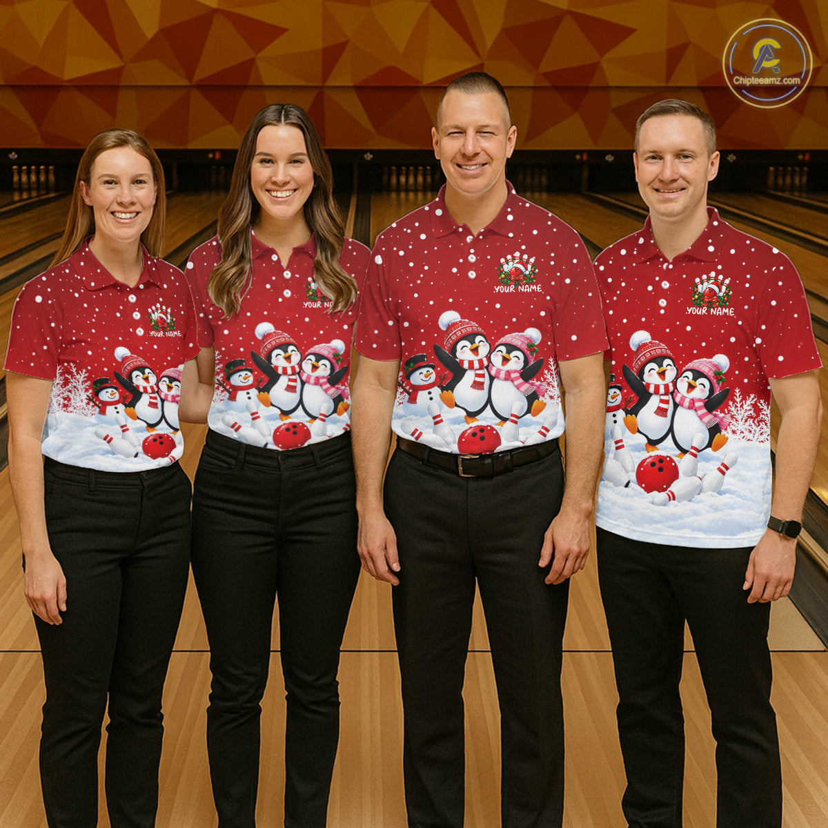 Red Funny Penguins Christmas Bowling Shirts For Men Custom Bowling Team Jersey, Bowling Gifts TDM7875