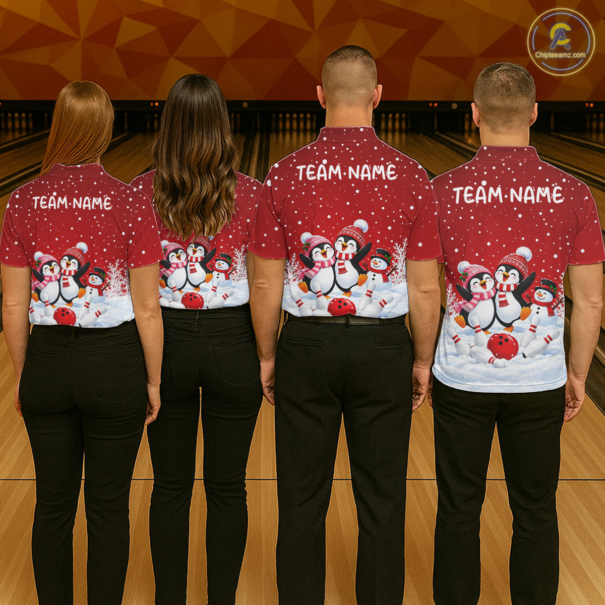Red Funny Penguins Christmas Bowling Shirts For Men Custom Bowling Team Jersey, Bowling Gifts TDM7875