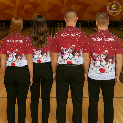 Red Funny Penguins Christmas Bowling Shirts For Men Custom Bowling Team Jersey, Bowling Gifts TDM7875