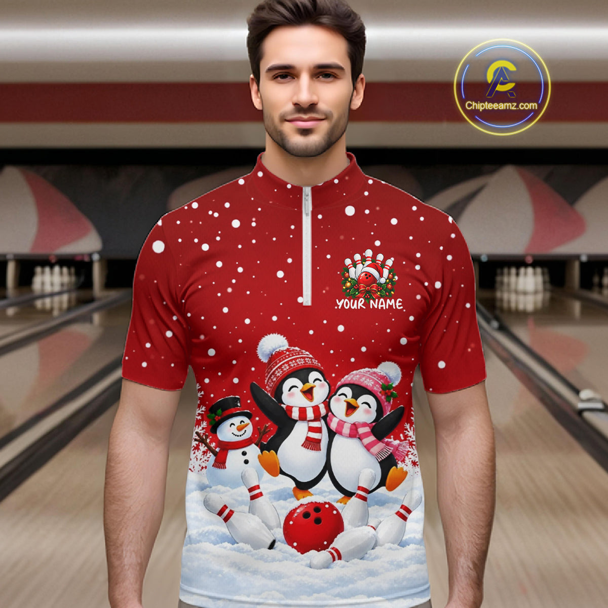 Red Funny Penguins Christmas Bowling Shirts For Men Custom Bowling Team Jersey, Bowling Gifts TDM7875