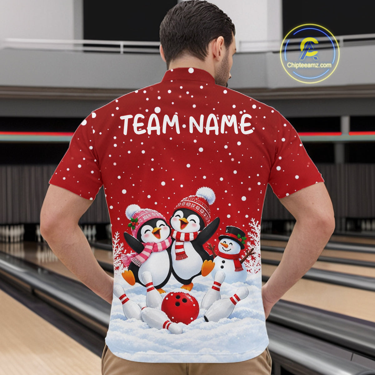 Red Funny Penguins Christmas Bowling Shirts For Men Custom Bowling Team Jersey, Bowling Gifts TDM7875