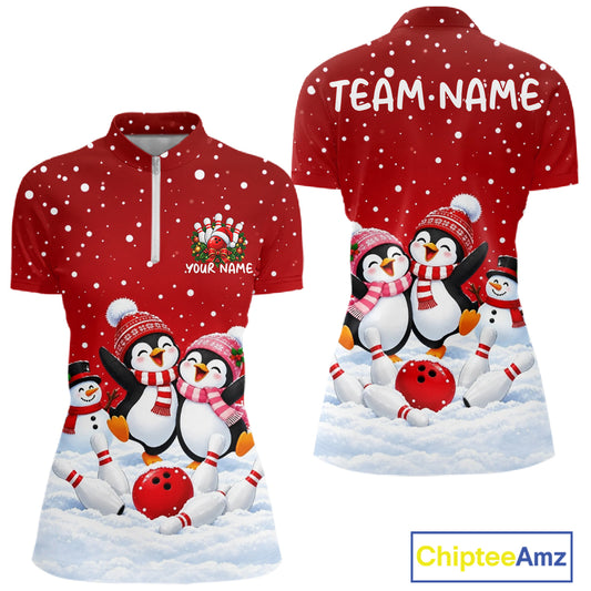 Red Funny Penguins Christmas Bowling Shirts For Women Custom Bowling Team Jersey, Bowling Gifts TDM7875